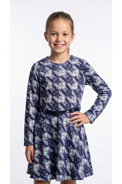 Generic Brand Rochie pentru fetite cu model geometric bleumarin cu gri cu cur...