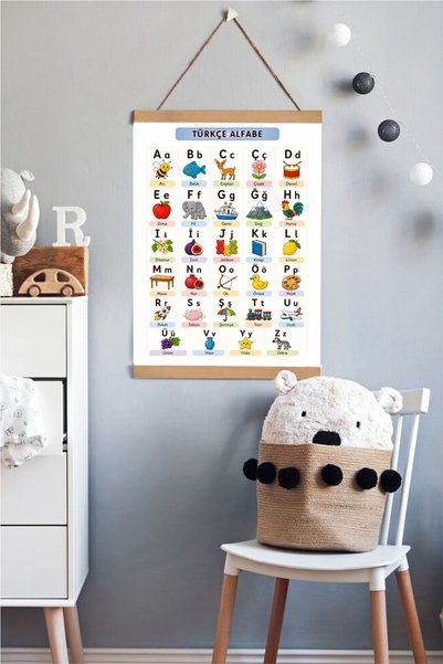 Piksel Grafik Alfabeyi Öğreniyorum, Renkli Alfabe, Türkçe İpli Askılı Kanvas Poster Tablo Çocuk Odası Duvar Dekoru