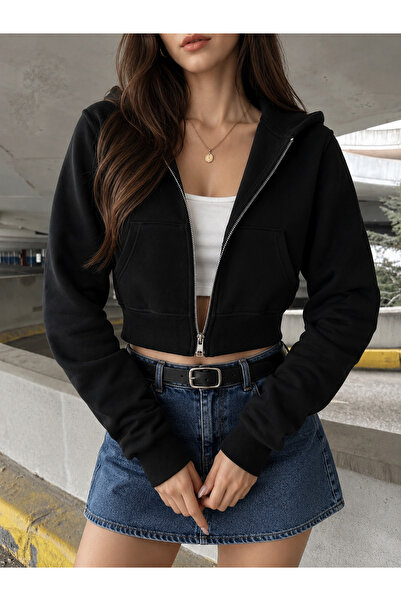 SANTAMİLA Women's Black Crop Zipper Sweat Cardigan