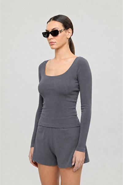 SHEISMONO Soft Rib Oval Yaka Bluz Füme