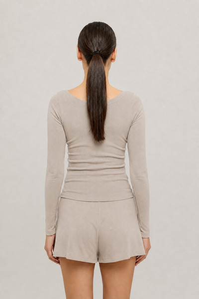 SHEISMONO Soft Rib Oval Yaka Bluz Bej