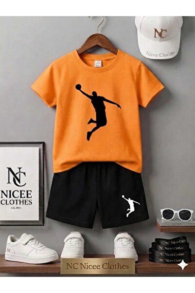 Leto Lykia Summer Children's T-Shirt Shorts Unisex (Black with Basketball Print)