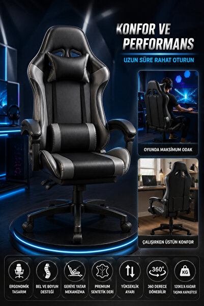 indirimsevinci Oyuncu Koltuğu Gaming Koltuk Bilgisayar Koltuğu Ergonomik Bel Boyun Destekli Yatarlı