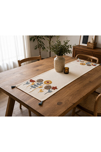 BULDAN NATURA Yıldız Nakışlı Püsküllü Buldan İşi Dekoratif Runner 40x130 Cm