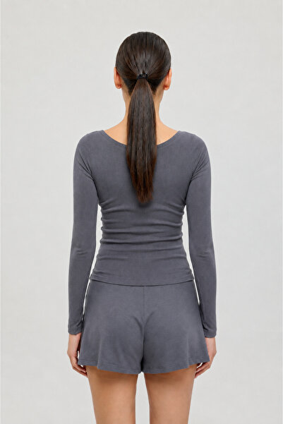 SHEISMONO Soft Rib Oval Yaka Bluz Füme
