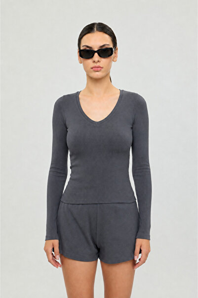 SHEISMONO Soft Rib V Yaka Bluz Füme