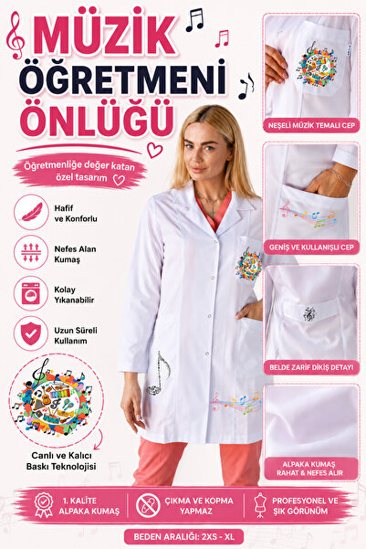 YnkStore Müzik Öğretmeni Önlüğü Kadın Beyaz Baskılı 1. Kalite Alpaka Kumaş Ce...