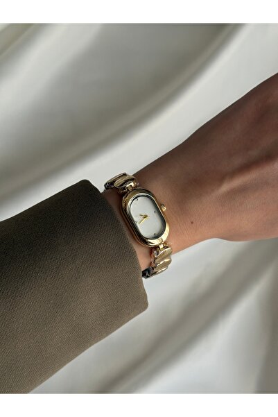 Kadın Gold Oval Beyaz Kadranlı Taş Detaylı Çelik Kordon Analog Quartz Kol Saati