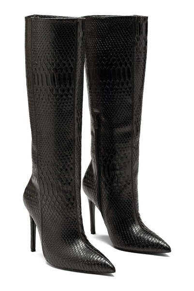 Dedos Women's High Heeled Below the Knee Zippered Black Snake Detailed Pointe...