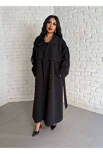 moneta boutique Kadın Premium Apoletli Uzun Oversize Trençkot