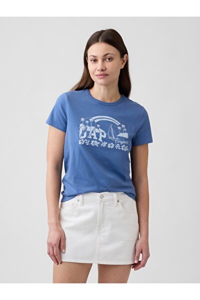 GAP Kadın Mavi Favorite Grafik Baskılı T-Shirt
