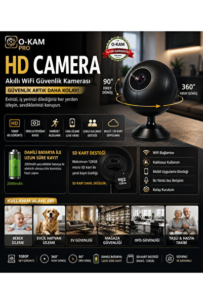 O-KAM PRO OKAM OK-103 EKOW WiFi Mini Bataryalı Balık Gözü Lens Kamera Minik B...