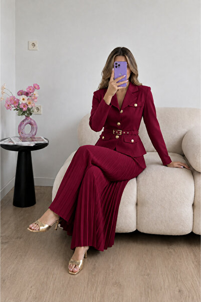 Ekim Store Pleated Belted Jacket Skirt Double Blazer Set