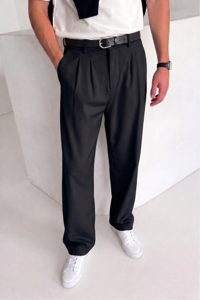 ElitWear Erkek Baggy Fit Beli Lastikli Pileli Bol Kesim Kumaş Pantolon