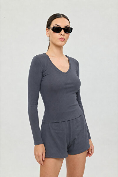 SHEISMONO Soft Rib V-Neck Blouse Smoked