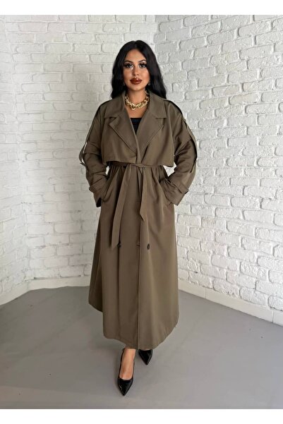 moneta boutique Kadın Premium Apoletli Uzun Oversize Trençkot