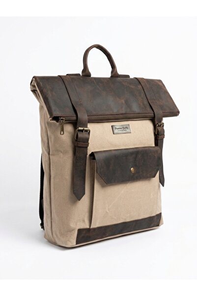 MANDOSİ Genuine Leather & Waxed Canvas Vintage Backpack with Waterproof Lapto...