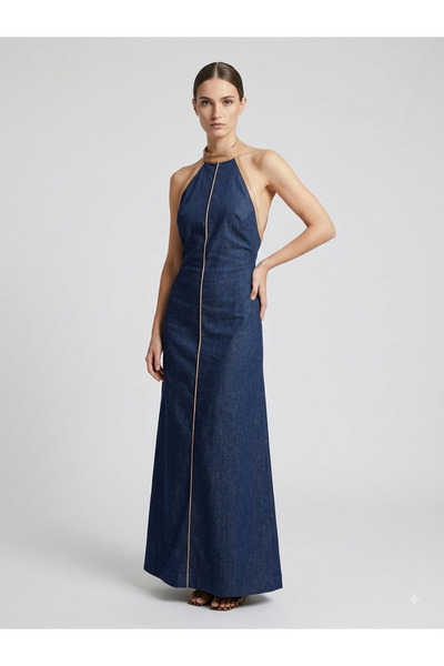 She Combines Women's Denim Halter Neck Detailed Maxi Dress