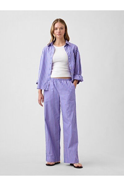 GAP Kadın Mavi Mid Rise Pull-On Çizgili Poplin Pantolon