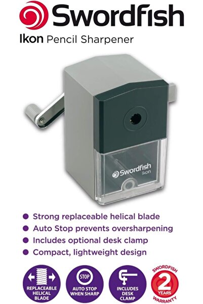 Swordfish Desktop Manual Pencil Sharpenener with Replaceable Helical Blade Desk Use, Shavings Catcher, For Colour Pencils, Compact Design, School & Office