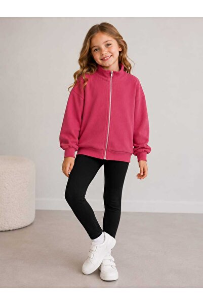 BEBEĞİME ÇORAP Girl's Front Zipper Stand Collar Cardigan