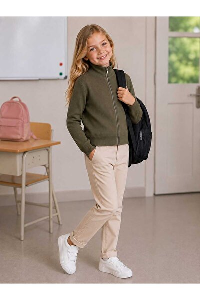 BEBEĞİME ÇORAP Girl's Front Zipper Stand Collar Cardigan