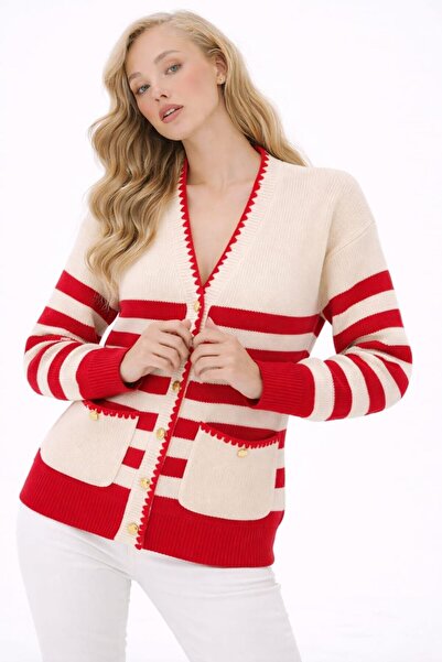 ZERELLE COLLECTİON Women's Knitwear Striped Patterned Pocketed Buttoned Cardigan