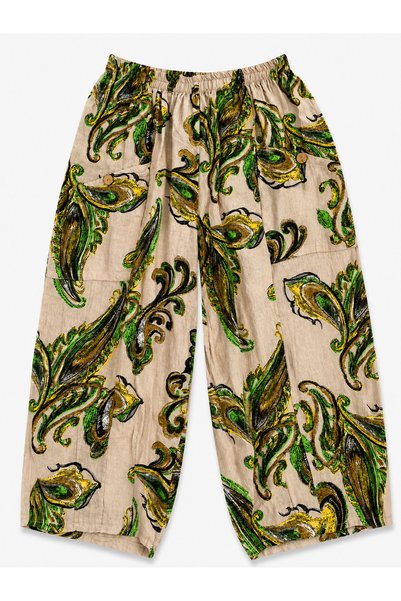 UNDERRATED Women's Beige Imported 100% Linen Green Shawl Patterned Wide Leg Pants with Elastic Waist and Pockets