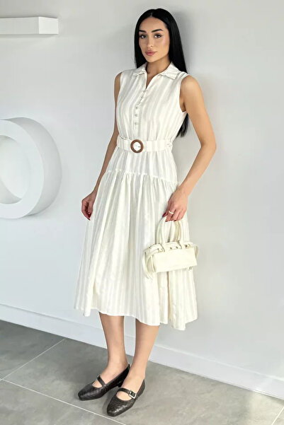 TOZLU Women's Polo Collar Dress with Belt Accessory and Stripe Pattern