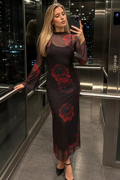 TOZLU Rose Patterned Undergarment and Tulle Dress Combination