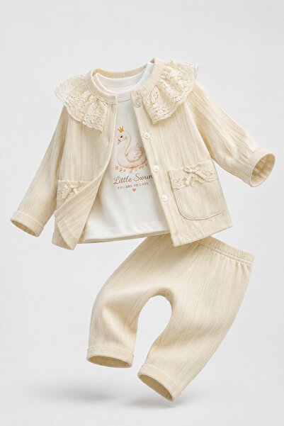METEOR BABY Baby Girl Set - 3-Piece Set - Lace Collared Jacket with Swan Prin...