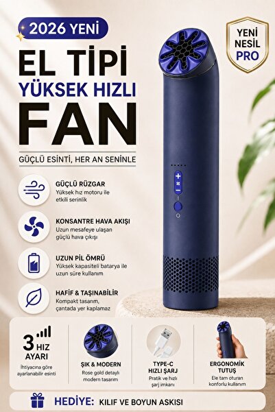 ACSTECH El Tipi Yüksek Hızlı Şarjlı Fan | Kademeli Güçlü Rüzgar | Type-C Şarj...