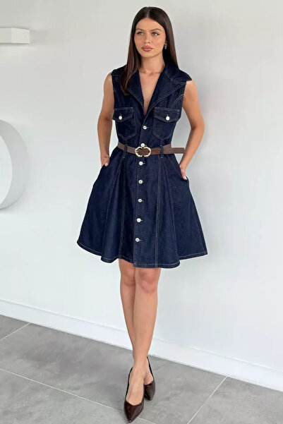 TOZLU Women's Buttoned Belt Accessory Jean Dress