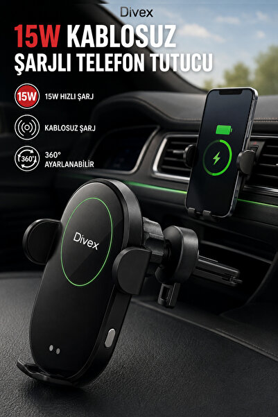 Divex 15W Kablosuz Hızlı Şarjlı Araç İçi Telefon Tutucu 360° Döner Havalandır...