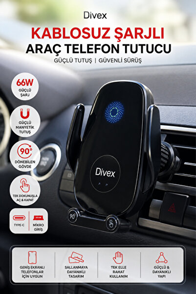 Divex 66W Kablosuz Şarjlı Araç İçi Telefon Tutucu 90° Döner Tek Dokunuşlu Hav...