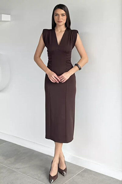TOZLU Women's V-Neck Waist Gathered Dress