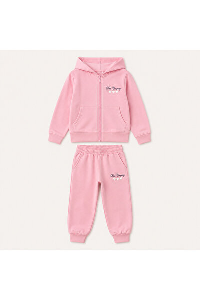 Mono Kids Kız Çocuk Pembe Kapüşonlu Fermuarlı Sweatshirt ve Jogger Eşofman Al...