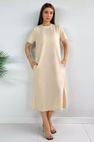 TOZLU Crew Neck Short Sleeve Dress with Pocket Detail