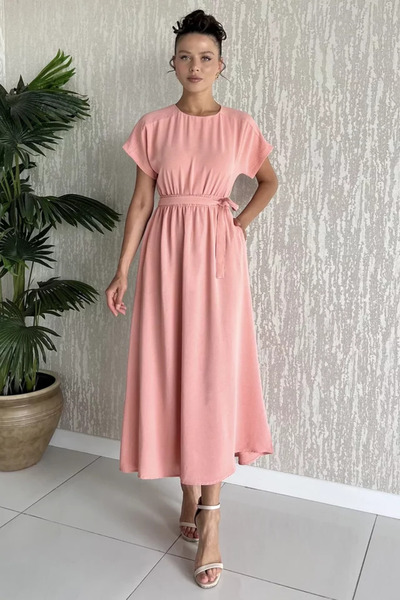 TOZLU Women's Double Pocket Elastic Waist Belted Dress