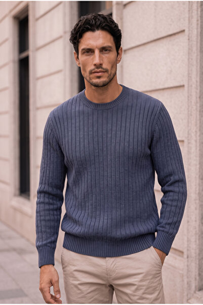 Valiberta Ashton Ribbed Crew Neck Men's Knitwear Sweater - Indigo