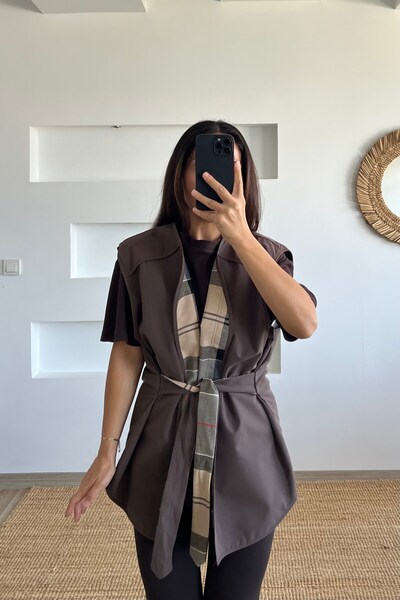 butikhola Brown Plaid Trench Vest