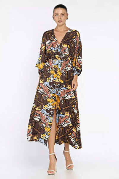 TOZLU Rochie de damă din viscoză, cu guler dublu, talie elastică și model cu ...