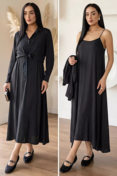 TOZLU Gülseli Women's Shirt and Dress Combination Summer Satin Dress