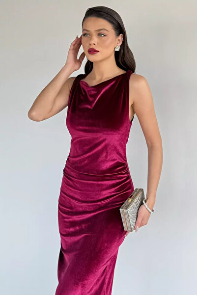 TOZLU Women's Lycra Velvet Dress with Gathered Waist Detail
