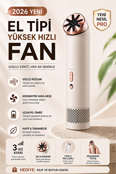 ACSTECH El Tipi Yüksek Hızlı Şarjlı Fan | Kademeli Güçlü Rüzgar | Type-C Şarj...