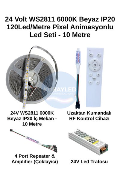 WS2811 6000K Pixel LED Seti | 24V 120 LED/m Beyaz Pixel LED + RF Kontrolcü + 4'lü Repeater | 10-30 Metre