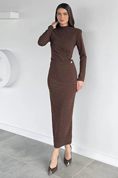 TOZLU Rochie de damă cu umeri căptușiți și talie drapată cu pietre