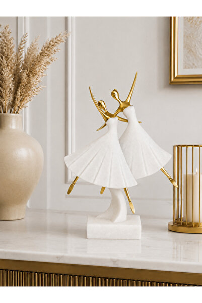 Hinora Dekoratif İkili Mermer Balerin Biblo Gold Detaylı Dansçı Heykeli Salon...