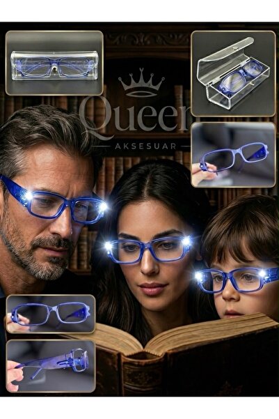 QUEEN AKSESUAR Lüks geniş kenarlı Şeffaf lacivert saks Işıklı kitap Okuma Göz...
