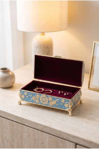 RASHA COLLECTION Vintage Blue Patterned Footed Jewelry Box Large Size